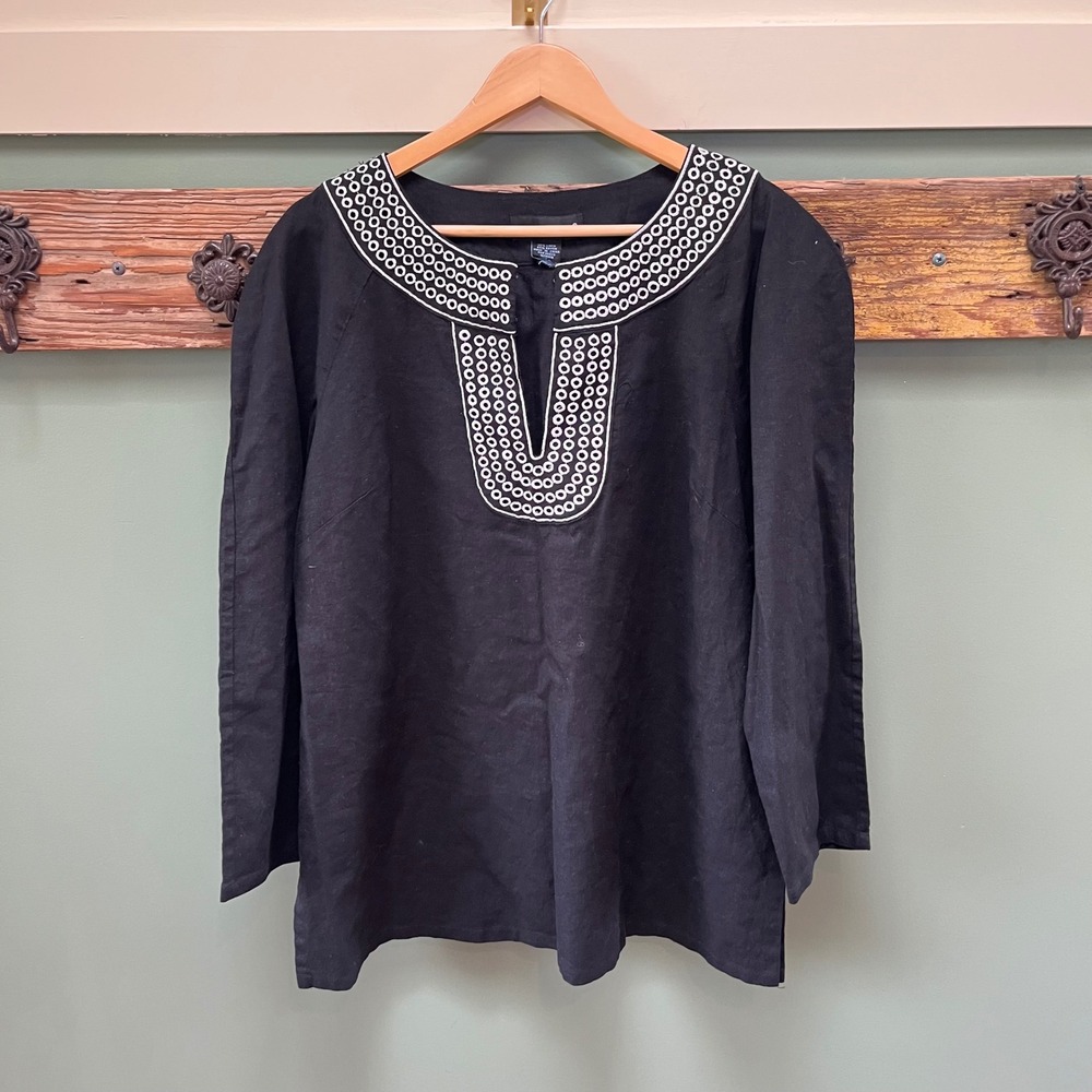 Saint Tropez West Woman Black Linen Blend Embroidered Split Neck Tunic Top L